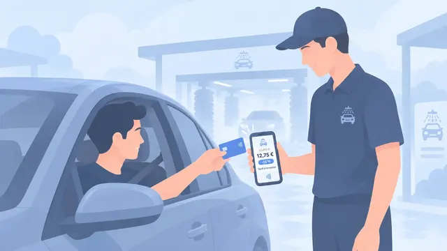 Le conducteur tend sa carte au gérant pour un paiement sans contact au terminal