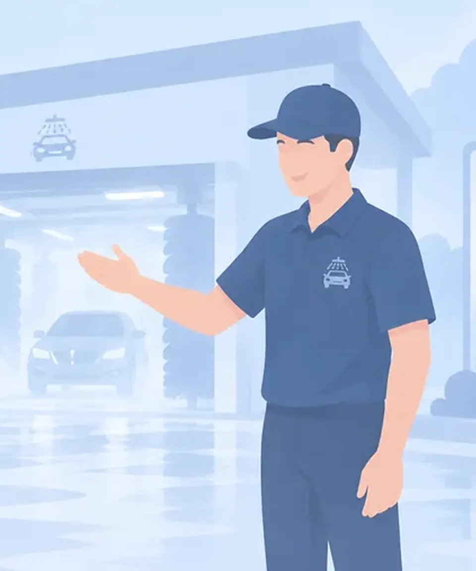 Gérant de carwash accueillant un client devant son tunnel de lavage